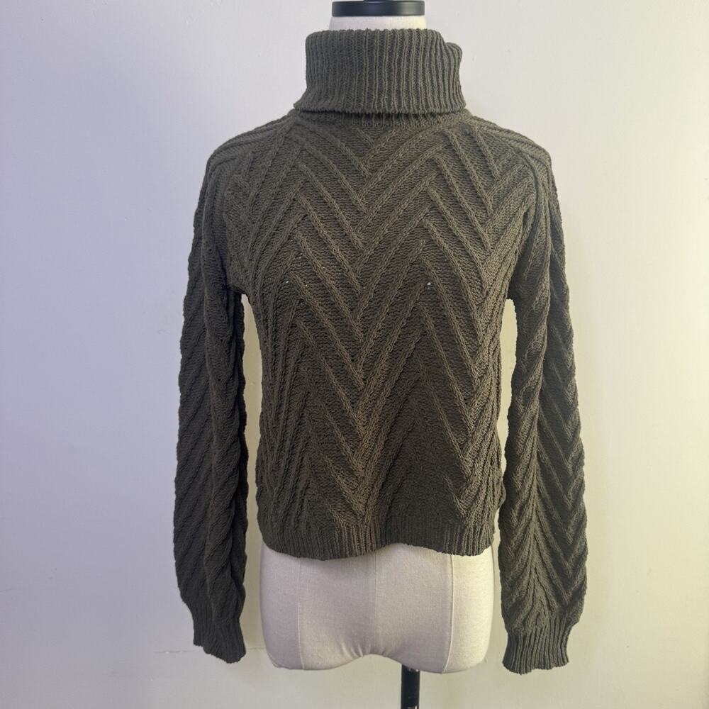 Vintage Y2K Chunky Cable Knit Turtleneck Sweater Green Whimsygoth Grunge Cozy M